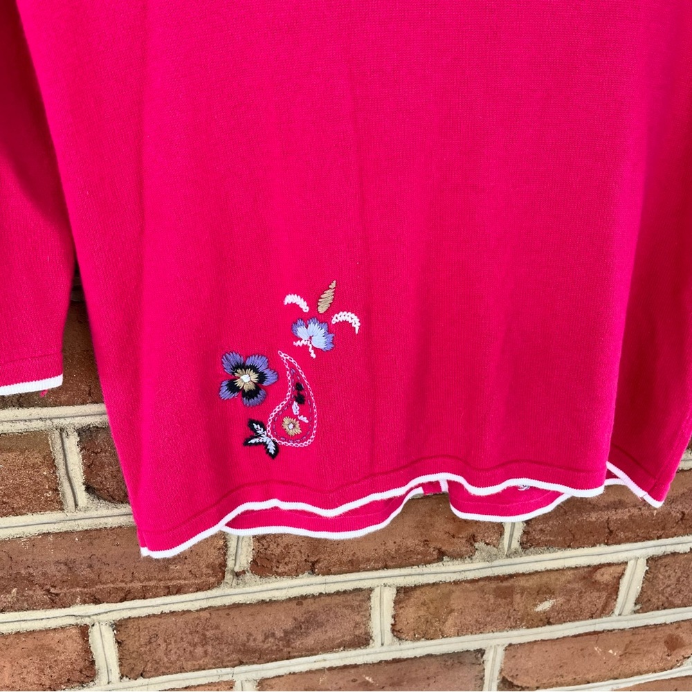 Pink and white embroidered button down cardigan lightweight sweater. PS - Picture 5 of 6